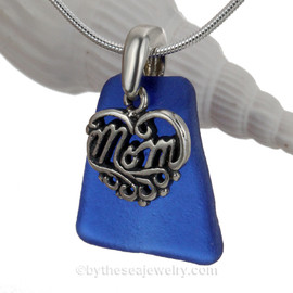 Cobalt Blue genuine sea glass with a solid sterling bail and MOM charm.