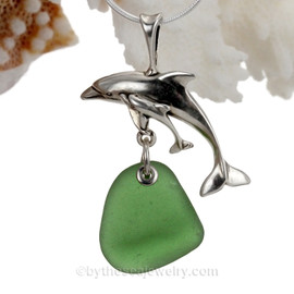 Mother and baby Dolphin Sterling Silver Necklace with Large piece of pale Aqua Sea Glass - 18" STERLING CHAIN INCLUDED