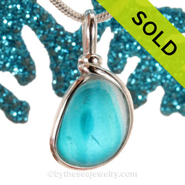 Aqua Splash - Petite Rare Mixed Bright Electric Aqua English Sea Glass Sterling Original Wire Bezel© Pendant