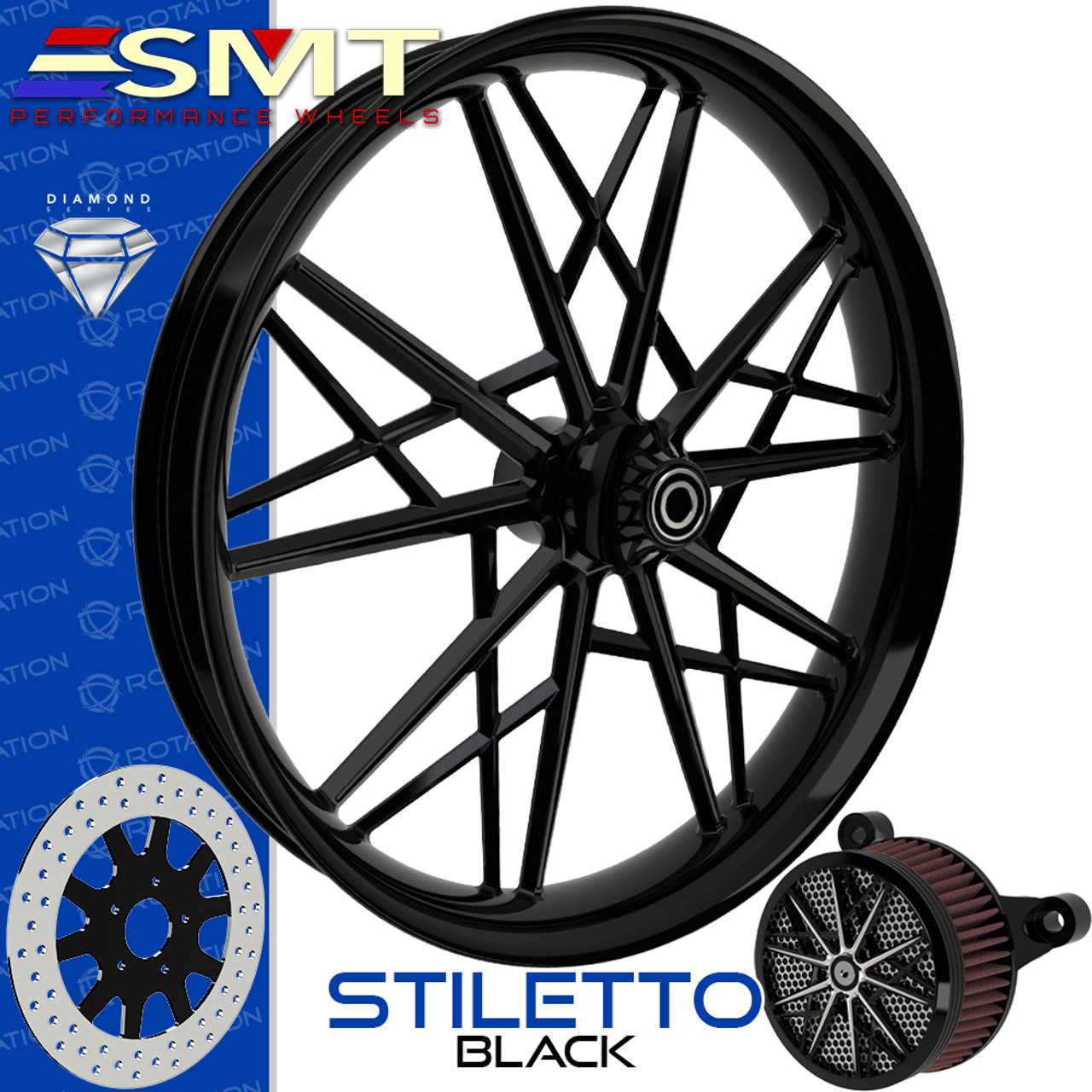 SMT Machining Stiletto Gloss Black Custom Motorcycle Wheel SMT Machining Stiletto Gloss Black Custom Motorcycle Wheel