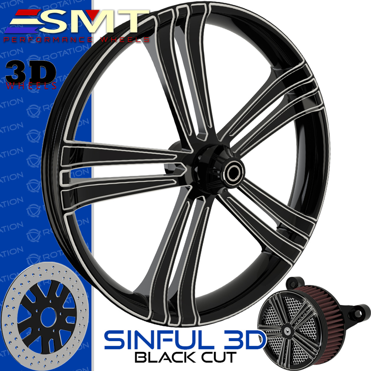 SMT Machining Sinful 3D Black Cut Custom Motorcycle Wheel Package SMT Machining Sinful 3D Black Cut Custom Motorcycle Wheel Package