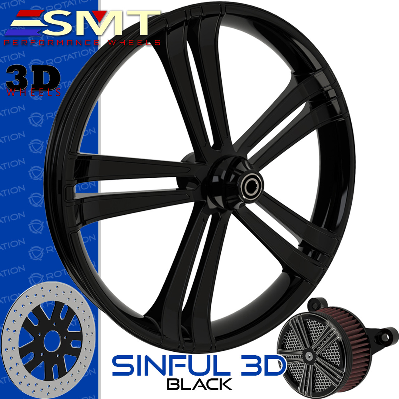 SMT Machining Sinful 3D Gloss Black Custom Motorcycle Wheel Package SMT Machining Sinful 3D Gloss Black Custom Motorcycle Wheel Package