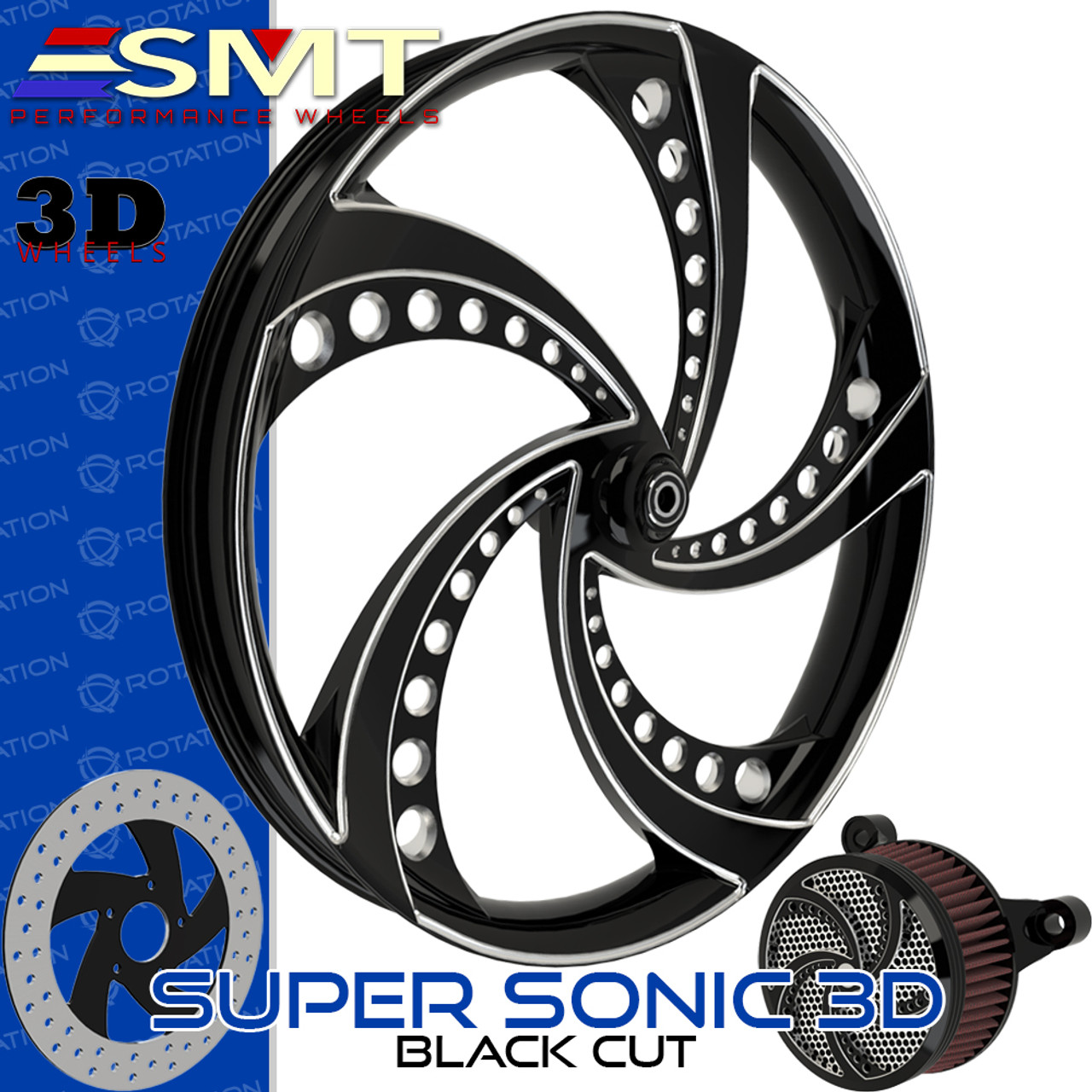 SMT Machining Super Sonic 3D Black Cut Custom Motorcycle Wheel SMT Machining Super Sonic 3D Black Cut Custom Motorcycle Wheel
