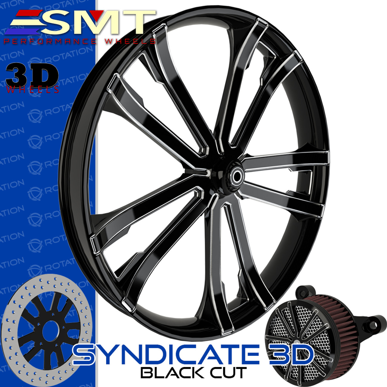 SMT Machining Syndicate 3D Black Cut Custom Motorcycle Wheel SMT Machining Syndicate 3D Black Cut Custom Motorcycle Wheel