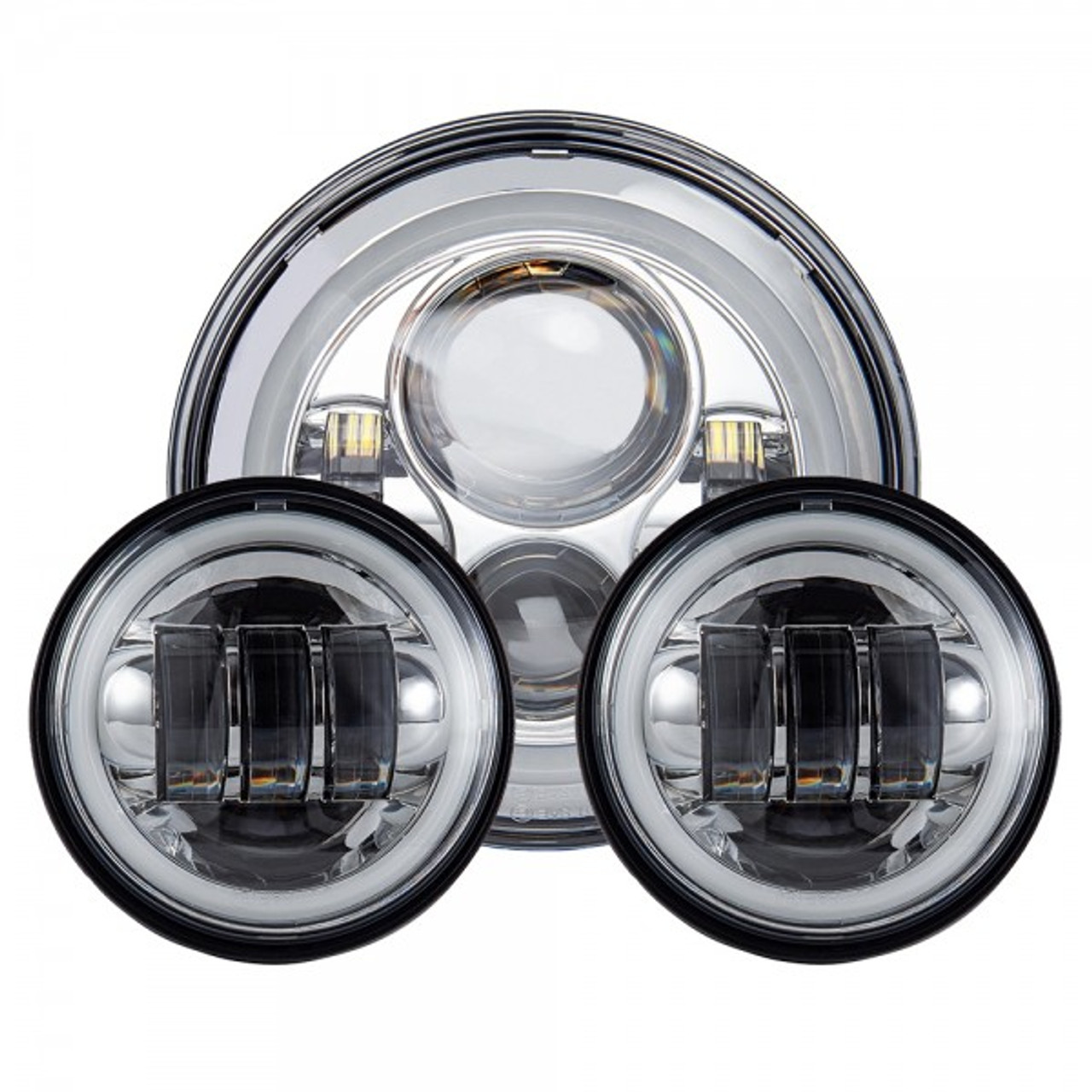 7 Inch Chrome LED Headlight+ 2x 4-1/2 Faros Auxiliares Moto Fog Light  Passing Lamps