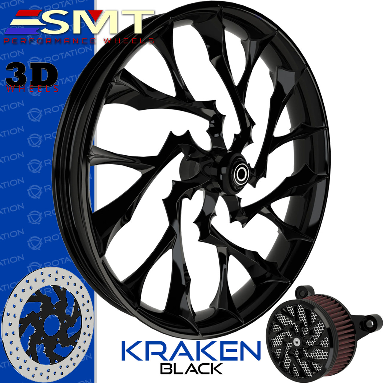 SMT Machining Kraken 3D Gloss Black Custom Motorcycle Wheel SMT Machining Kraken 3D Gloss Black Custom Motorcycle Wheel