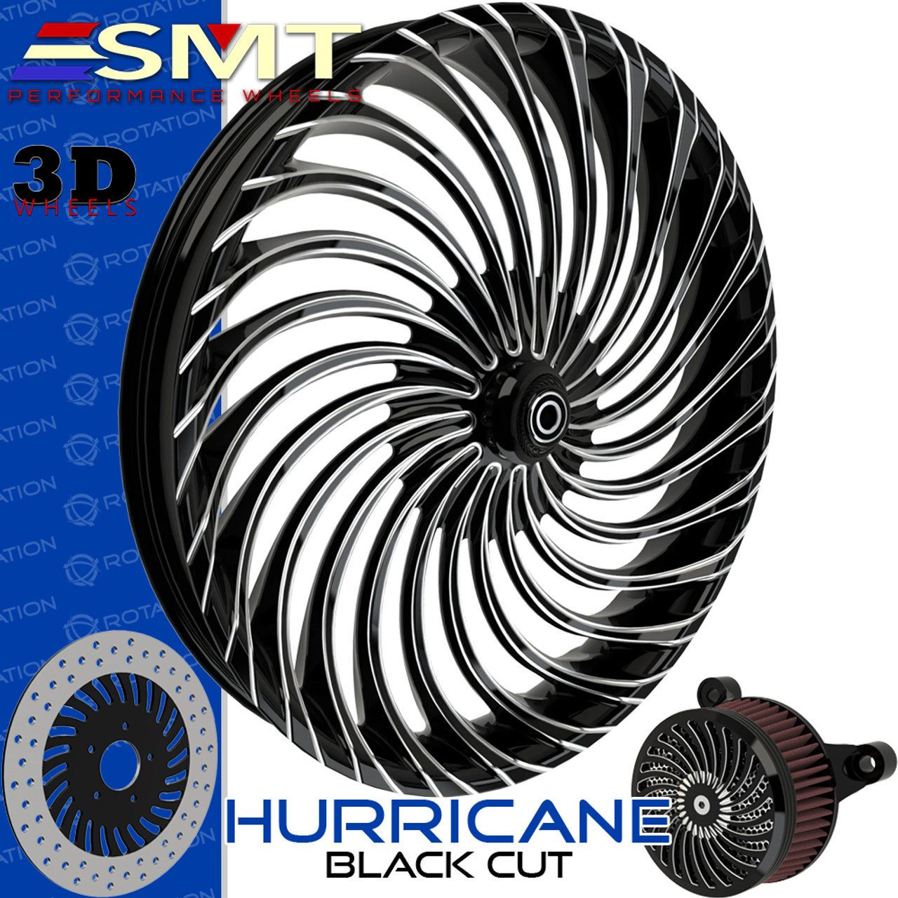 SMT Machining Hurricane 3D Black Cut Custom Motorcycle Wheel SMT Machining Hurricane 3D Black Cut Custom Motorcycle Wheel