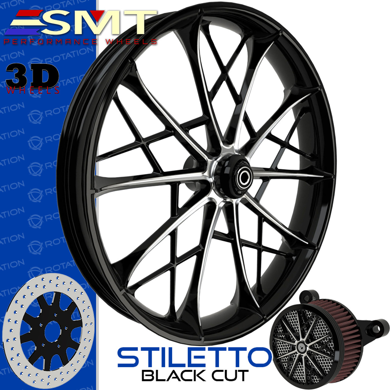 SMT Machining Stiletto 3D Black Cut  Custom Motorcycle Wheel SMT Machining Stiletto 3D Black Cut  Custom Motorcycle Wheel
