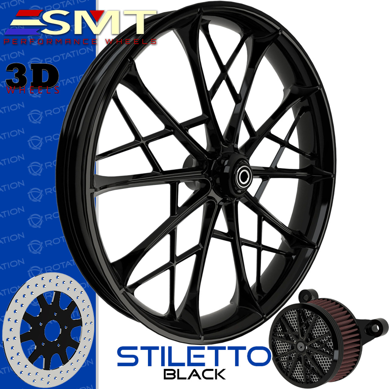 SMT Machining Stiletto 3D Gloss Black Custom Motorcycle Wheel