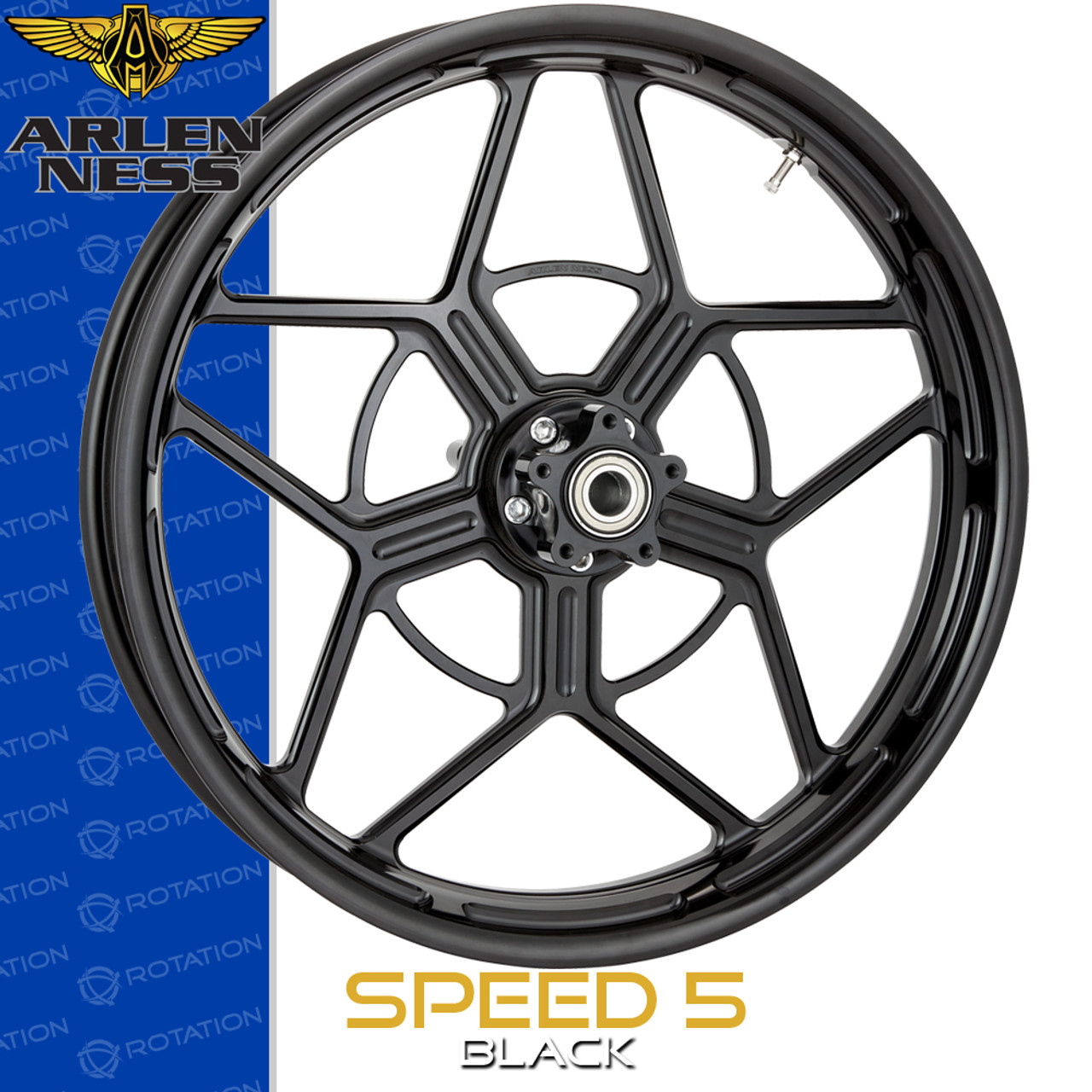 Arlen Ness Speed 5 Black Custom Motorcycle Wheel | RotationWheels.com