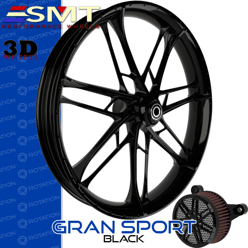 SMT Machining Gran Sport 3D Gloss Black Custom Motorcycle Wheel Package SMT Machining Gran Sport 3D Gloss Black Custom Motorcycle Wheel Package
