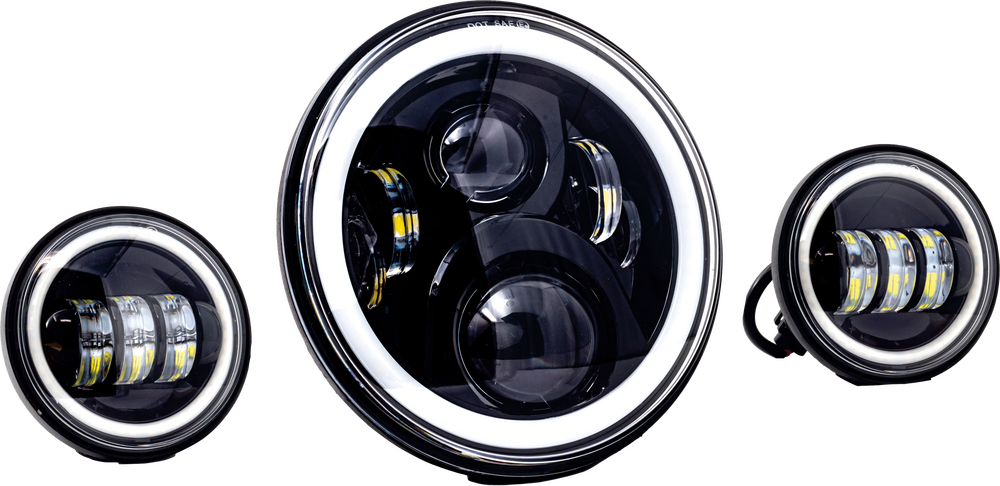 Letric Lighting 7" Black Halo LED Headlight & 4.5"Passing Lamps for Harley