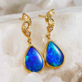 *1 ABUNDANT BLAST 14KT YELLOW GOLD & DIAMOND AUSTRALIAN OPAL DROP EARRINGS