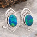 * 1 AN OCEAN BLOOM 14KT WHITE GOLD & DIAMOND  OPAL STUD EARRINGS