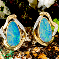*IMPERIAL OCEAN FIRE 14KT GOLD & DIAMOND RARE OPAL SIGNATURE STUD EARRINGS