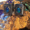*  A STERLING SILVER & GOLD PLATED OPAL CUFF LINKS WITH GREEN FLASH *  A STERLING SILVER & GOLD PLATED OPAL CUFF LINKS WITH GREEN FLASH