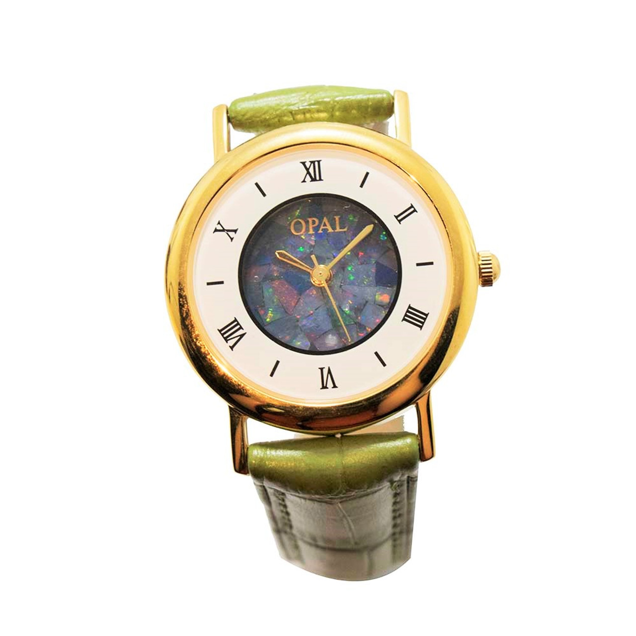 OPAL WATCH 18kt GOLD PLATED WITH PASTEL GREEN GENUINE LEATHER BAND  (CIRCULAR 2)