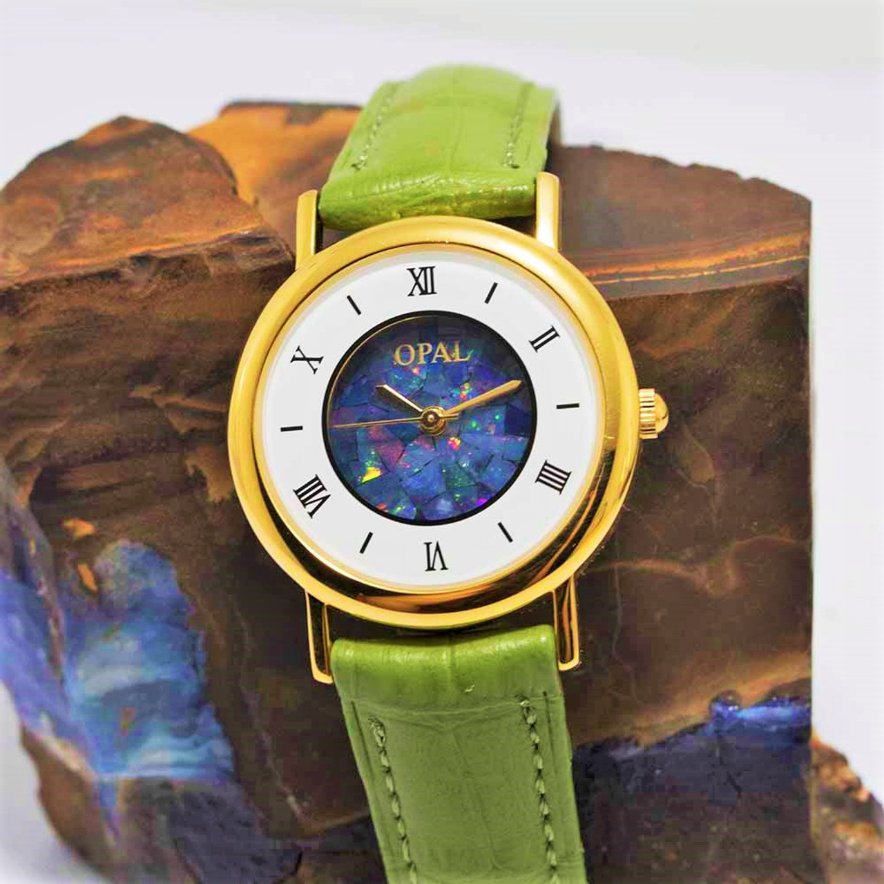 OPAL WATCH 18kt GOLD PLATED WITH PASTEL GREEN GENUINE LEATHER BAND  (CIRCULAR 2)