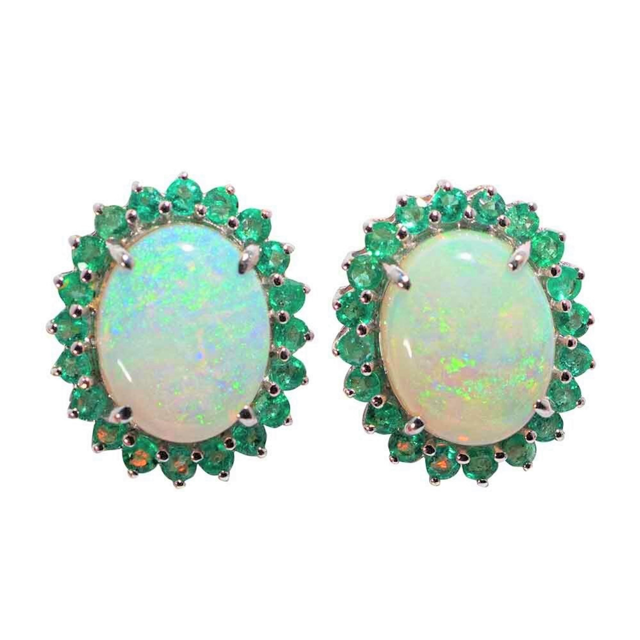 *SPRING GREEN 14KT WHITE GOLD & EMERALD AUSTRALIAN OPAL EARRINGS