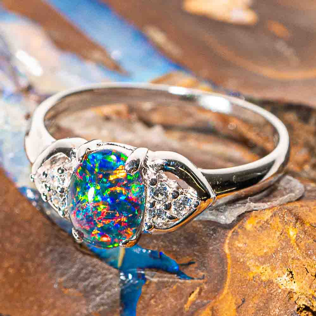 White Gold and Diamond Australian Opal Ring – Rock Angel