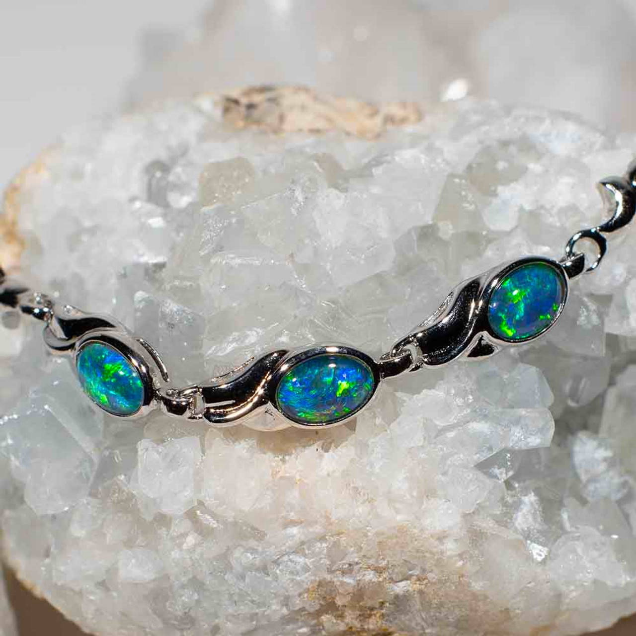 Australian Opal Sterling Silver Rhodium platinumPlated Ladies Bracelet  Australian White Opal Bracelet