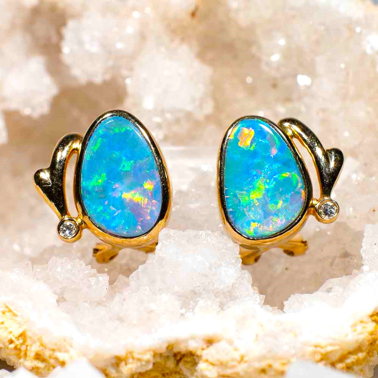 14K Gold & Triple Opal Cabochon Cluster Stud Earrings – Nana Bijou