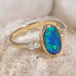 * 1 IRIDESCENT WATER 14KT YELLOW GOLD & DIAMOND AUSTRALIAN OPAL RING