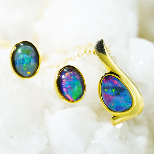 Aurora: 10mm Black Australian Opal Ball Stud Earrings 14k Yellow