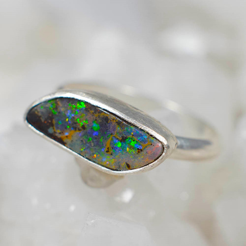 *COLORS IN THE STONE STERLING SILVER AUSTRALIAN BOULDER OPAL RING