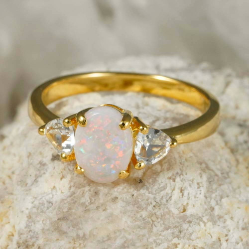 * 1 GOLDEN WINTERLAND 18KT YELLOW GOLD PLATED & TOPAZ AUSTRALIAN WHITE OPAL RING