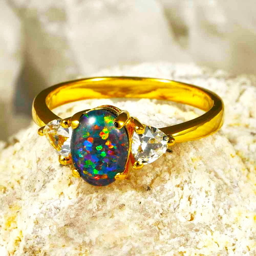 COPA 18KT YELLOW GOLD PLATED & CUBIC ZIRCONIA AUSTRALIAN OPAL RING