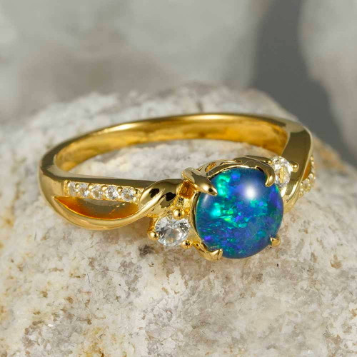   GAVI 18KT YELLOW GOLD PLATED & CUBIC ZIRCONIA AUSTRALIAN OPAL RING