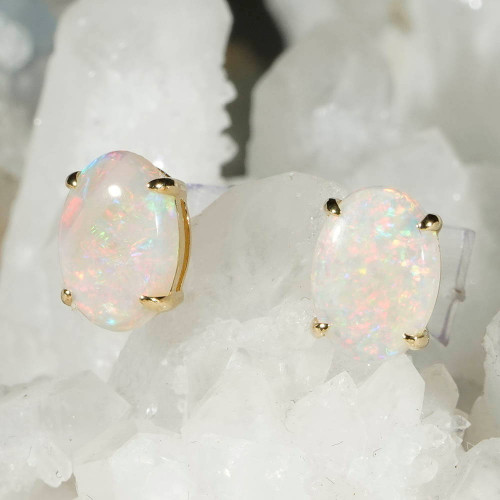 * BESITO 14KT GOLD NATURAL AUSTRALIAN WHITE OPAL STUD EARRINGS