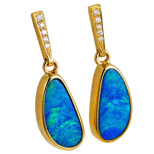 * A CHROMAVIVE 14KT YELLOW GOLD & DIAMOND AUSTRALIAN OPAL DROP EARRINGS