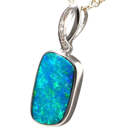 * 1 PURE BEAUTY 14KT WHITE GOLD & DIAMOND AUSTRALIAN OPAL NECKLACE