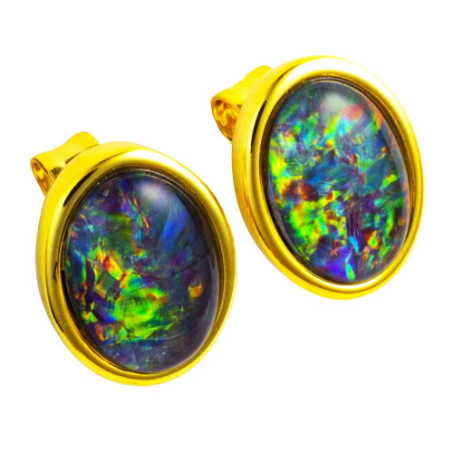 A POPPY DELIGHT 18KT YELLOW GOLD PLATED AUSTRALIAN OPAL STUD EARRINGS