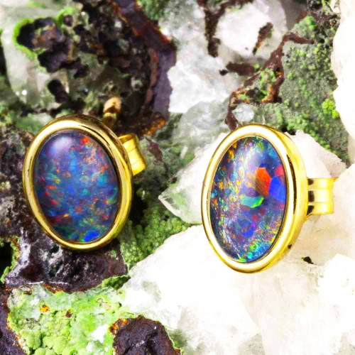 MINTED VINTAGE 18KT YELLOW GOLD PLATED AUSTRALIAN OPAL STUD EARRINGS