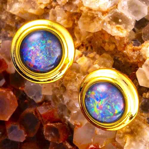 SCARLET DREAM 18KT YELLOW GOLD PLATED AUSTRALIAN OPAL STUD EARRINGS SCARLET DREAM 18KT YELLOW GOLD PLATED AUSTRALIAN OPAL STUD EARRINGS
