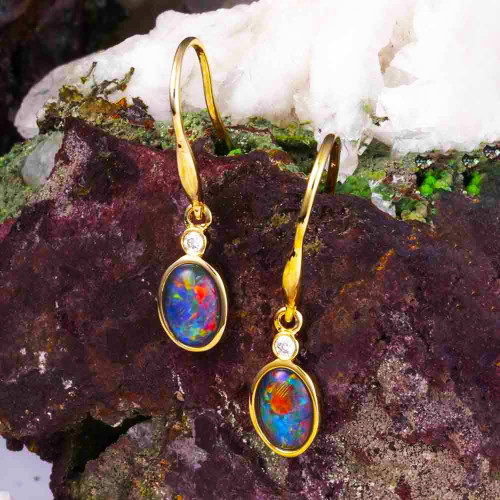* 1 A CHERRY KISS 14KT YELLOW GOLD & DIAMOND OPAL EARRINGS