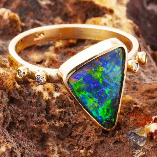 * A FINER THING 14KT GOLD & DIAMOND AUSTRALIAN OPAL RING