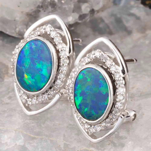* 1 AN OCEAN BLOOM 14KT WHITE GOLD & DIAMOND  OPAL STUD EARRINGS