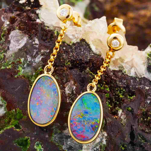 GENEVIEVELUXE 14KT GOLD & DIAMOND AUSTRALIAN OPAL DROP EARRINGS