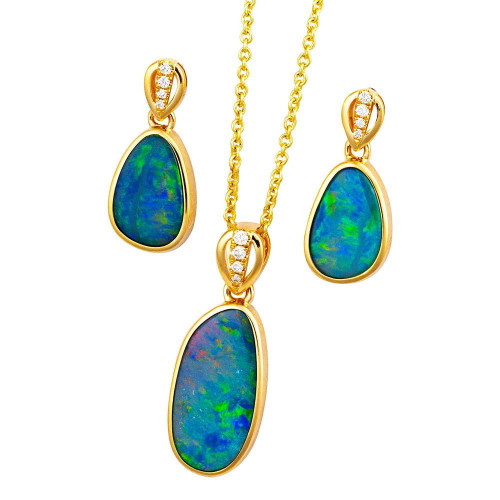 *1 OLIVA GOLD 14KT GOLD & DIAMOND AUSTRALIAN OPAL MATCHING SET