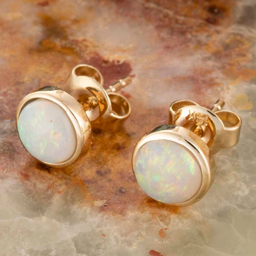 * BRIGHT ROYAL BALL 14KT GOLD NATURAL AUSTRALIAN WHITE OPAL STUD EARRINGS