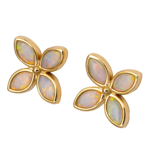 ENCHANTED FLOWER 14KT GOLD  & DIAMOND NATURAL AUSTRALIAN WHITE OPAL STUD EARRINGS