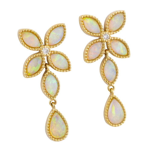 FLASHING HOLOGRAM 14KT GOLD  & DIAMOND AUSTRALIAN WHITE OPAL STUD EARRINGS