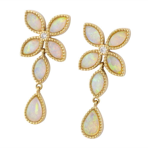 FLASHING HOLOGRAM 14KT GOLD  & DIAMOND AUSTRALIAN WHITE OPAL STUD EARRINGS