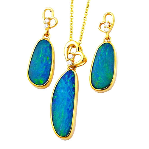 ELECTRIC BRILLIANCE 14KT YELLOW GOLD & DIAMOND AUSTRALIAN  OPAL JEWELLERY SET
