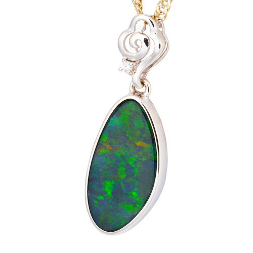 * A FLOWING RIVER 14KT WHITE GOLD & DIAMOND AUSTRALIAN OPAL NECKLACE
