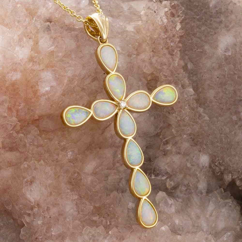 *1 A GODS LOVE 14KT YELLOW GOLD & DIAMOND AUSTRALIAN WHITE OPAL NECKLACE